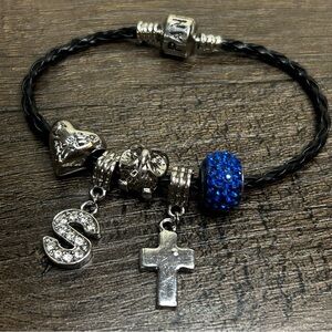 Pandora Bracelet with S Initial, Cross, Owl, I Love New York, and Blue Charms